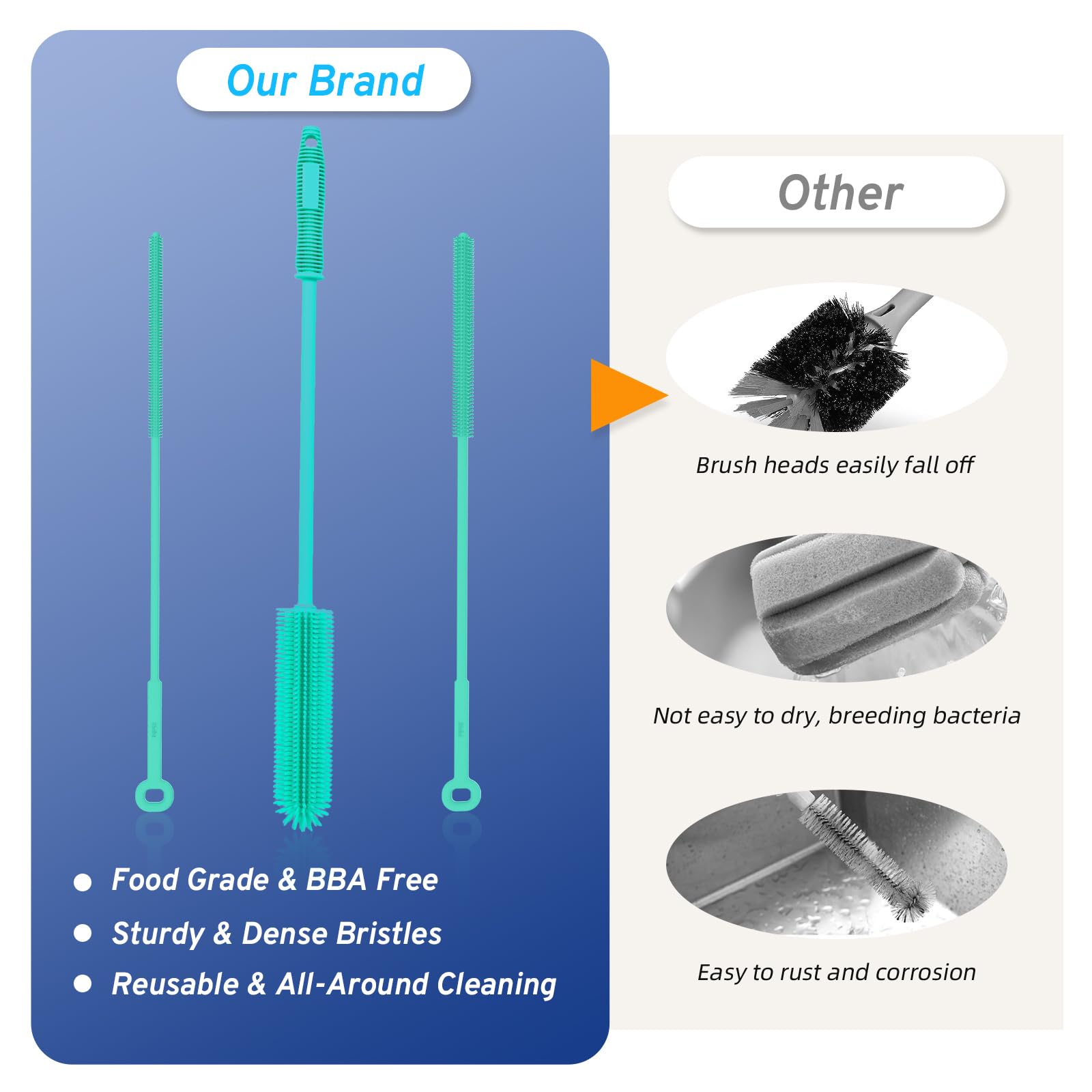 Silicone Water Bottle Brush and Straw Cleaner Set,Long Bottle Brush,Straw Cleaning Brush Silicone,Long Handle Scrub Cleaning Brush for Narrow Neck