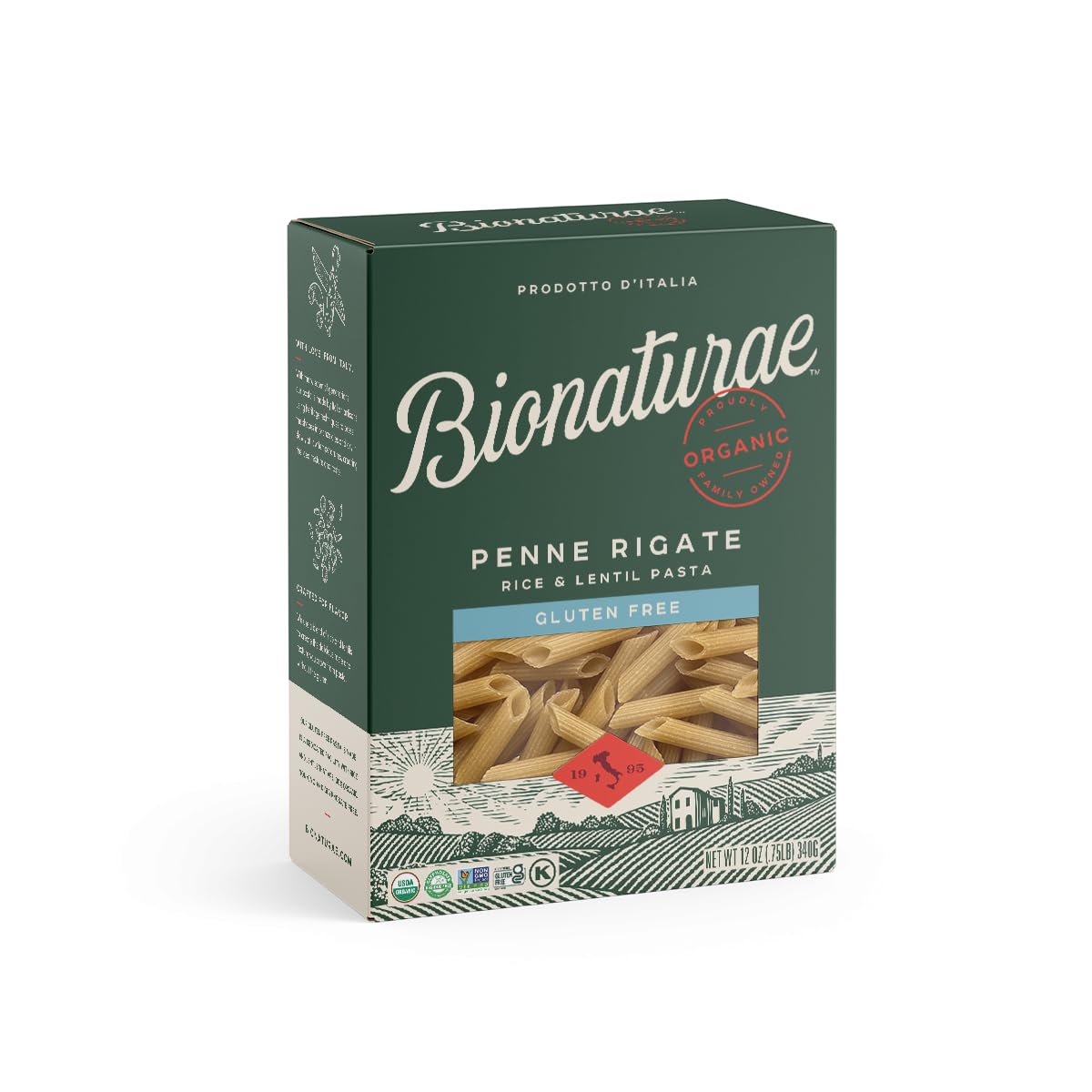 Bionaturae Penne Rigate Pasta Noodles - Gluten Free Pasta Organic, Rice & Lentil Pasta, Kosher Certified, High Protein, Non-GMO Verified, USDA