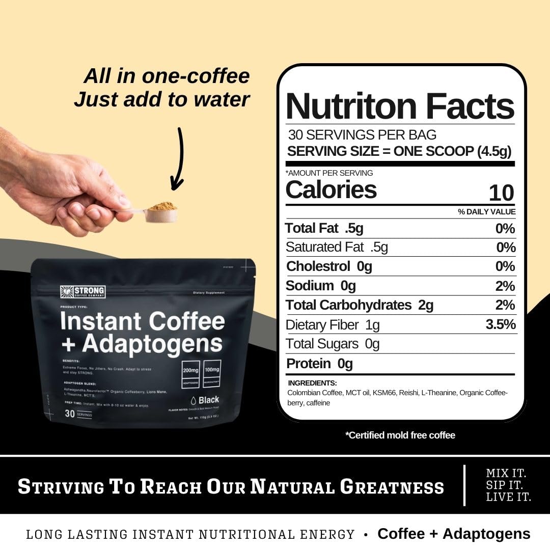 Strong Coffee Co. Instant Black Coffee | Premium Organic Coffee with Nootropics & Adaptogens, NeuroFactor®, L-Theanine, Ashwagandha, Reishi & MCT Oil