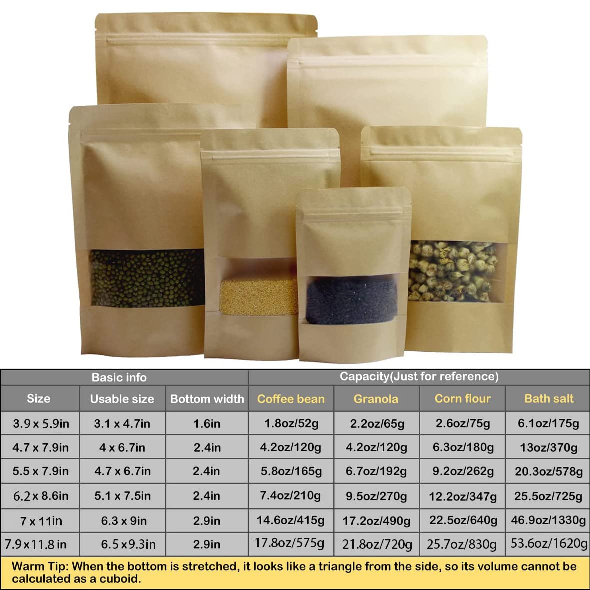 100 Pcs Kraft Paper Stand Up Pouches 4.7X7.9 Inch, Resealable Ziplock Bags with Window, Small Business Food Storage Bags for Coffee Bean, Snacks