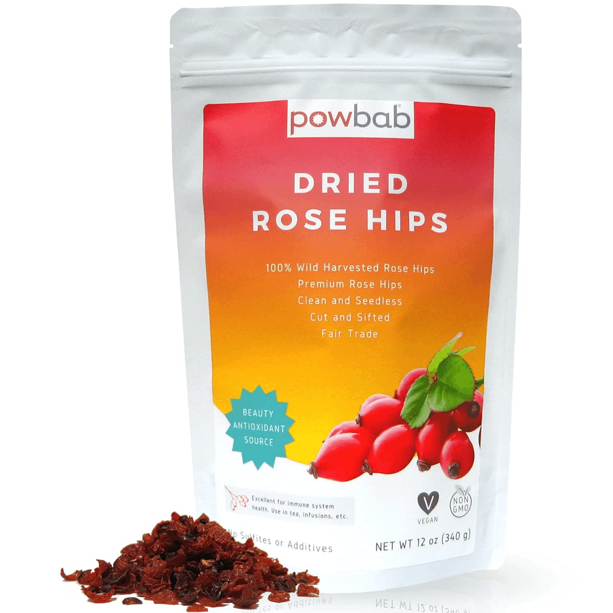 powbab Dried Rose Hips - 100% Organic Wild Rosehip Cut & Sifted. Premium Rosa Rubiginosa. Bulk Seedless Whole Dried Organic for Rose Hip Tea. No Added