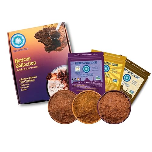 Blue Lotus Chai Tea - Horizon Collection Variety Box - Makes 50 Cups - Golden, Star Anise & Traditional Masala Spiced Chai Powder - Instant Indian Tea