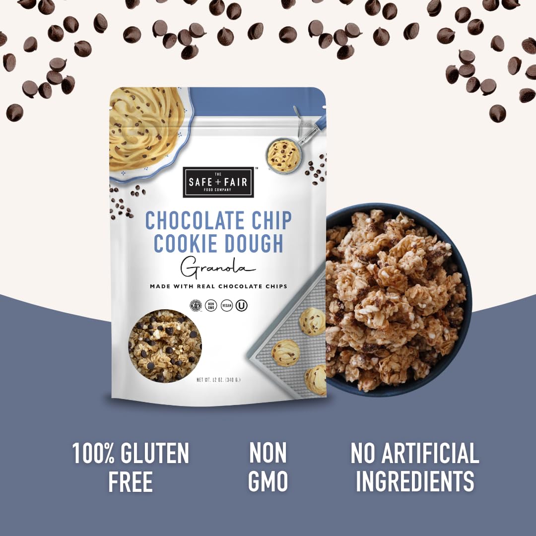 Safe + Fair Chocolate Chip Cookie Dough Granola - Gluten-Free, Dairy-Free & Vegan Snack - Allergen-Free, Non-GMO, and No Artificial Ingredients - 12oz