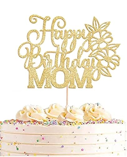 AHAORAY Happy Birthday Mom Cake Topper - Premium Gold Glitter Flower Mother's Birthday Cake Decoration Supply - Birthday Party Decor for Mom