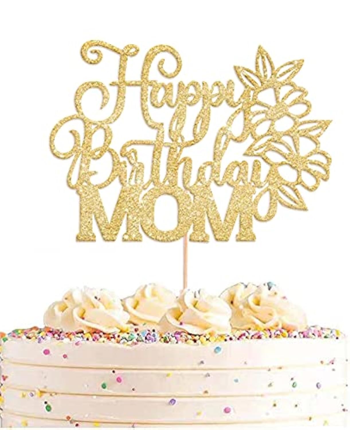 AHAORAY Happy Birthday Mom Cake Topper - Premium Gold Glitter Flower Mother's Birthday Cake Decoration Supply - Birthday Party Decor for Mom