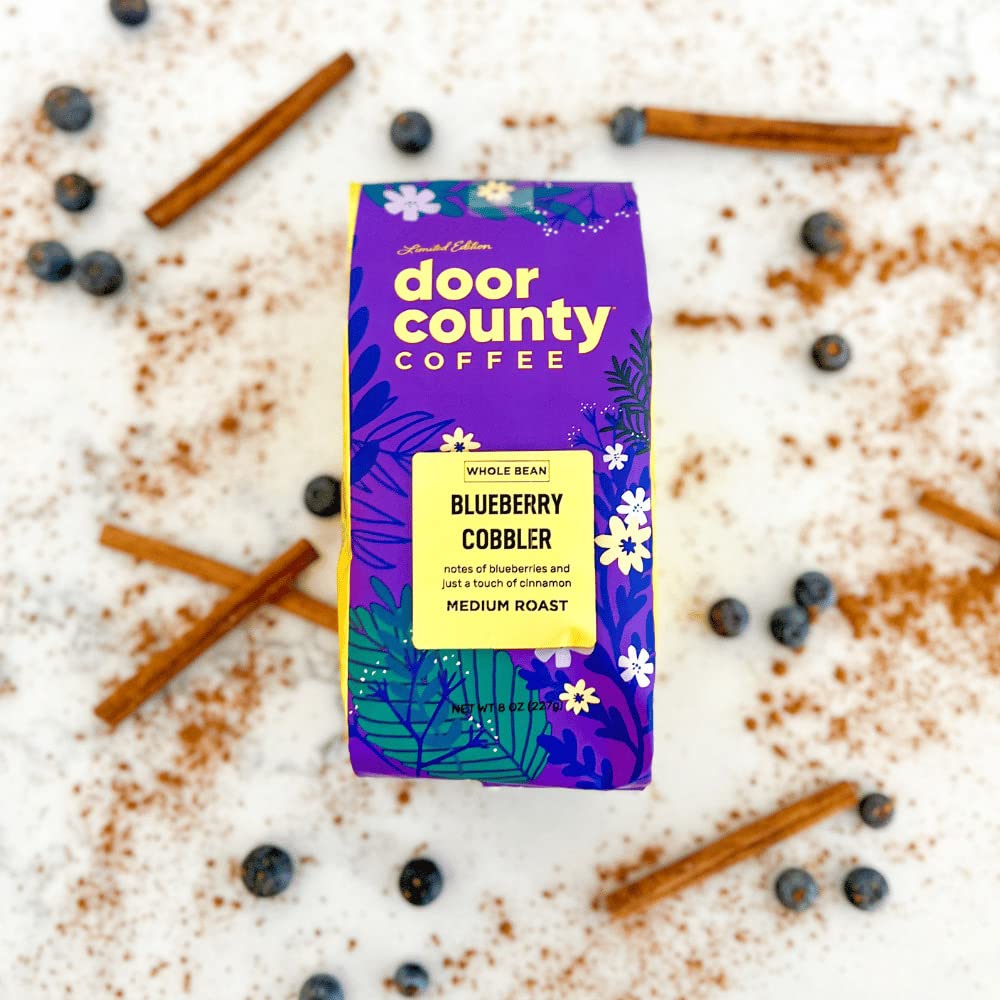 Door County Coffee Blueberry Cobbler, Flavored Whole Bean - 8 oz Bag - Spring-Summer Seasonal - Medium Roast - 100% Specialty Arabica - Blueberry