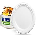 EcoAvance Oval Compostable Paper Plates 60 Pack, Large 12 inch, Eco Friendly Disposable Dinner Plates, Heavy Duty, White