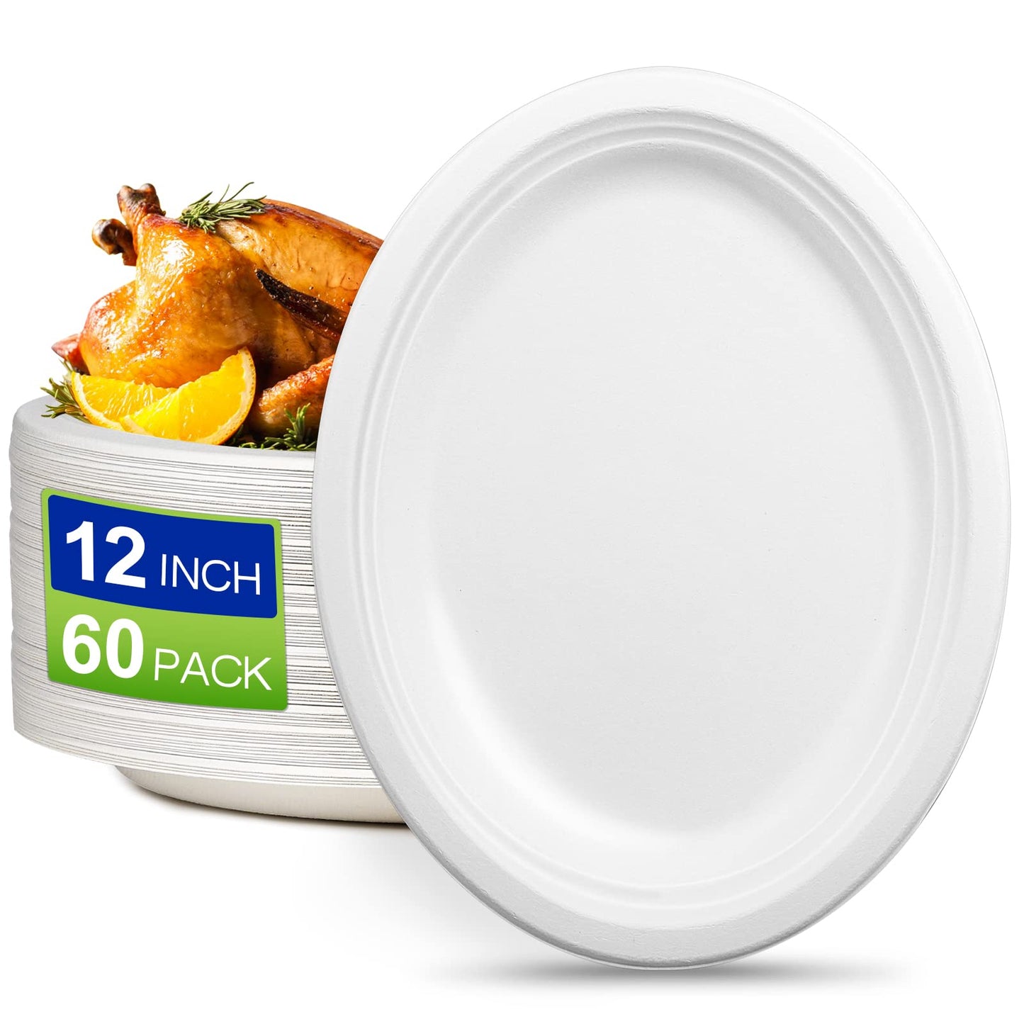 EcoAvance Oval Compostable Paper Plates 60 Pack, Large 12 inch, Eco Friendly Disposable Dinner Plates, Heavy Duty, White