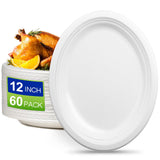 EcoAvance Oval Compostable Paper Plates 60 Pack, Large 12 inch, Eco Friendly Disposable Dinner Plates, Heavy Duty, White