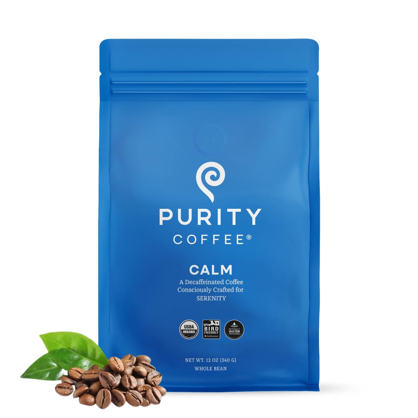 Purity Coffee CALM Decaf Medium Roast Whole Bean (12oz Bag) | Specialty-Grade USDA Organic Mountain Water Process Decaffeinated Blend | Third Party
