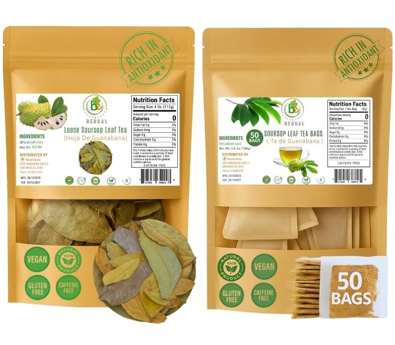 Guanábana (Soursop) Herbal Tea Combo - 3.5 oz (100 g) Loose Leaf + 50 Tea Bags (2 g Each) - Dried Soursop Leaves - 100% Natural, Vegan, Non-GMO