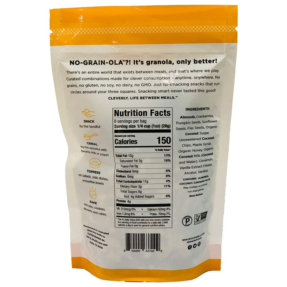 NO-GRAIN-OLA - Grain Free Granola | Paleo Friendly Healthy Snacks | Natural, Dairy Free, Soy Free, No Refined Sugars, Non GMO (8oz bags, 3 Bags Per