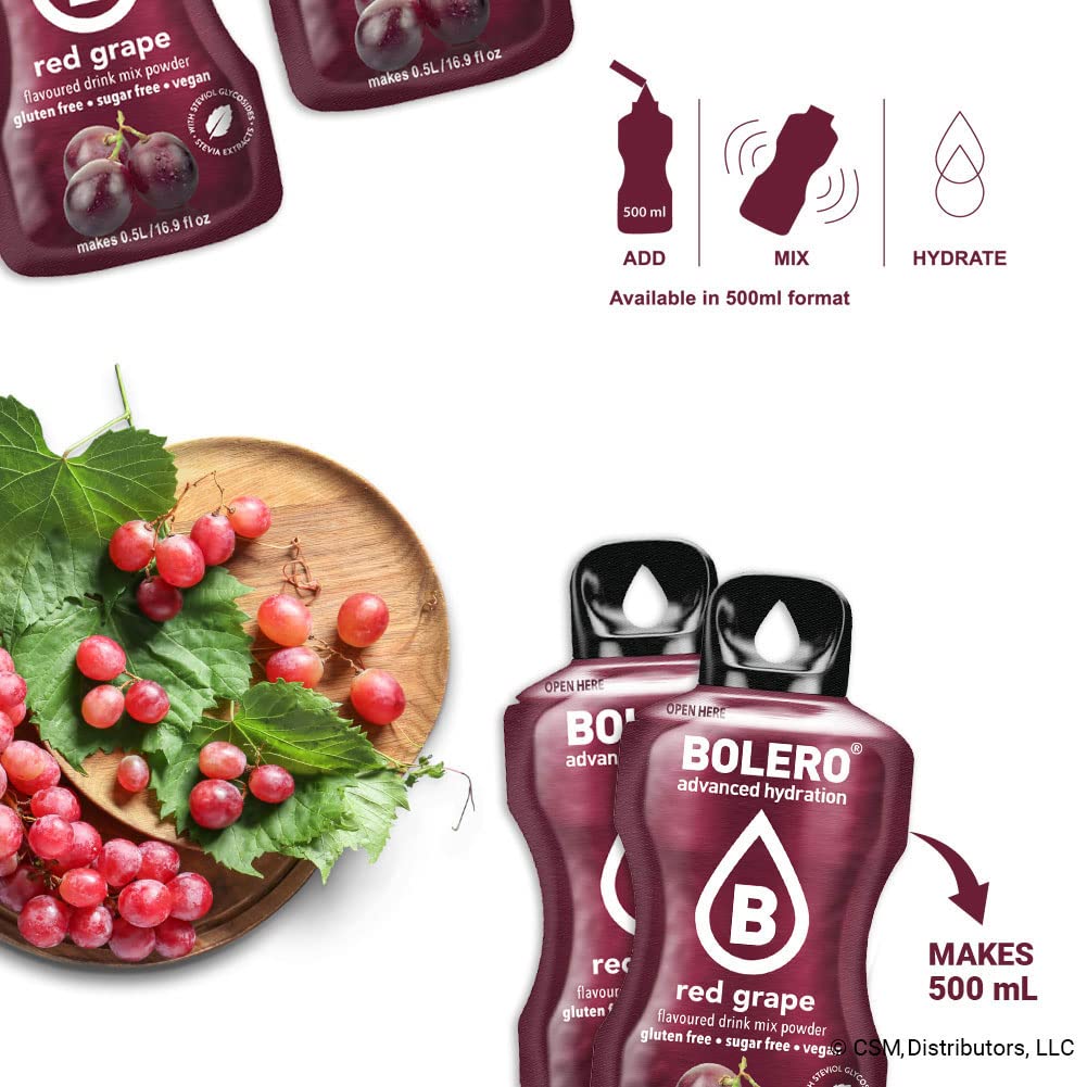 Bolero- Sugar Free Drink Mix Packets Red Grape Fruit Flavors | Powdered Flavored Water Packets | 36 Small Sachet On The Go Packets