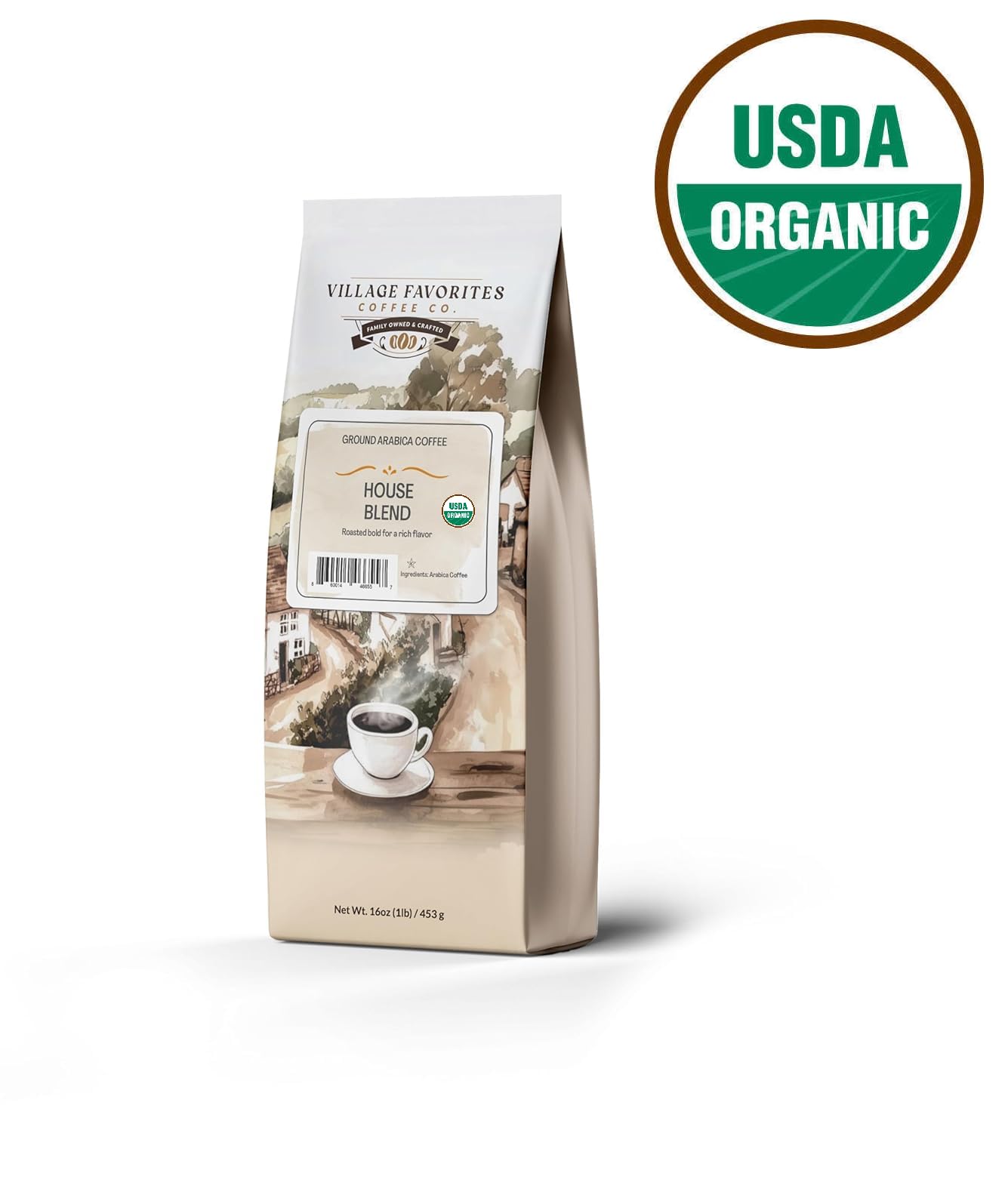 Village Favorites Low Acid Coffee - Mold-Free House Blend, 100% Arabica, Slow Roasted Medium Roast, Smooth & Stomach Friendly, Ground, 1LB (16oz) Bag
