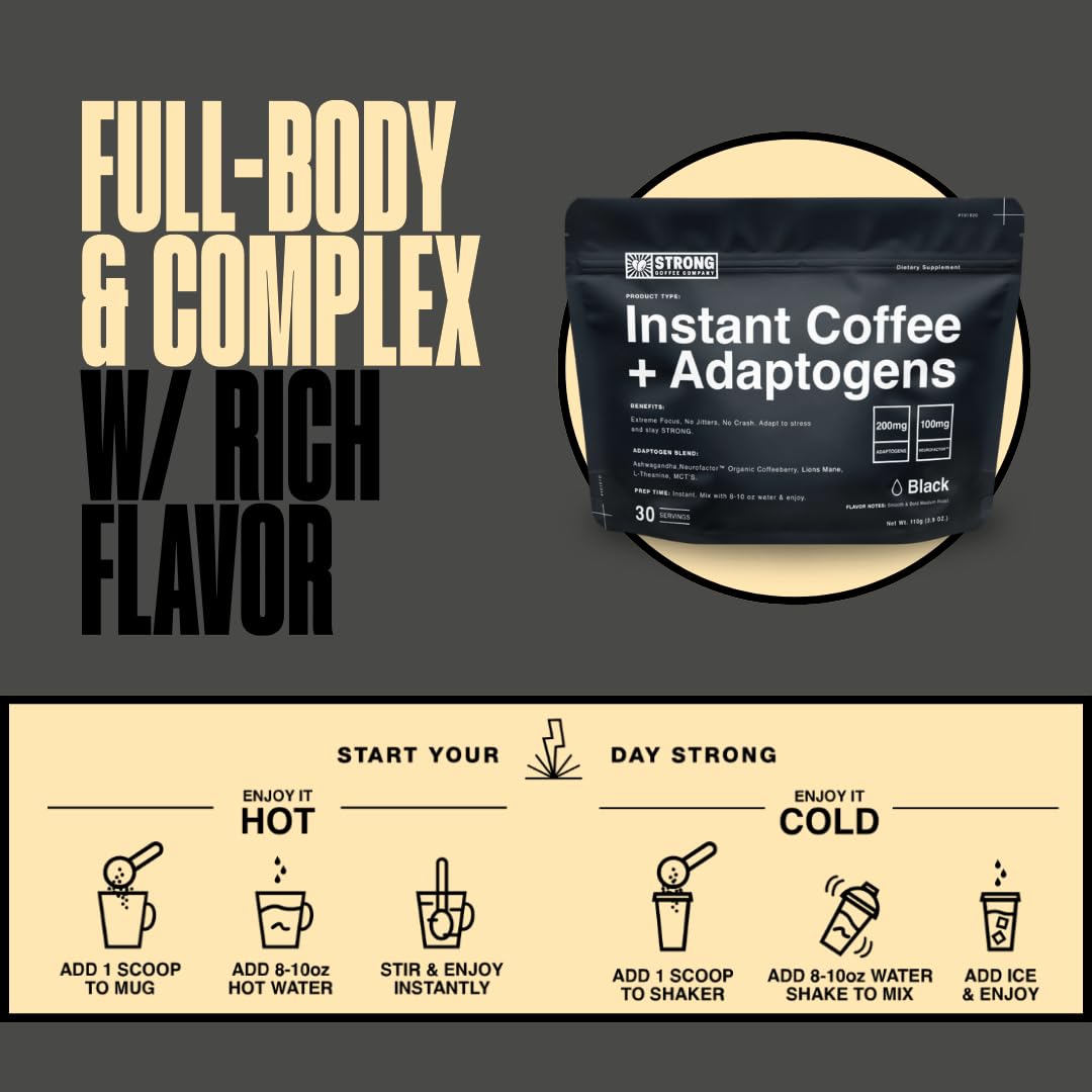 Strong Coffee Co. Instant Black Coffee | Premium Organic Coffee with Nootropics & Adaptogens, NeuroFactor®, L-Theanine, Ashwagandha, Reishi & MCT Oil