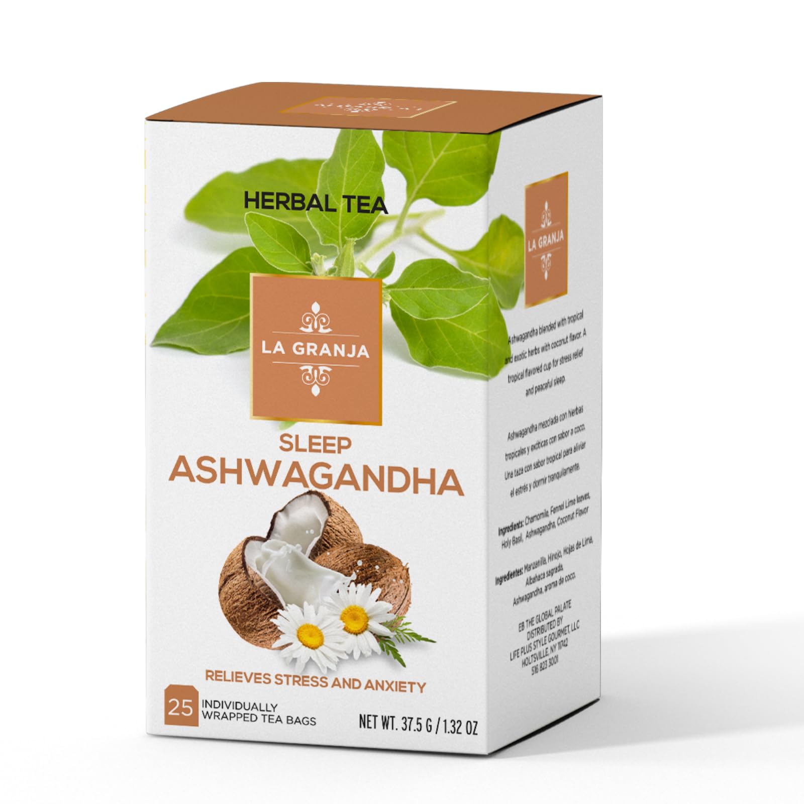 Life Plus Style Gourmet La Granja Sleep Ashwagandha Herbal Tea 25 Individually Wrapped Tea Bags Caffeine Free Nighttime Blend with Chamomile Holy