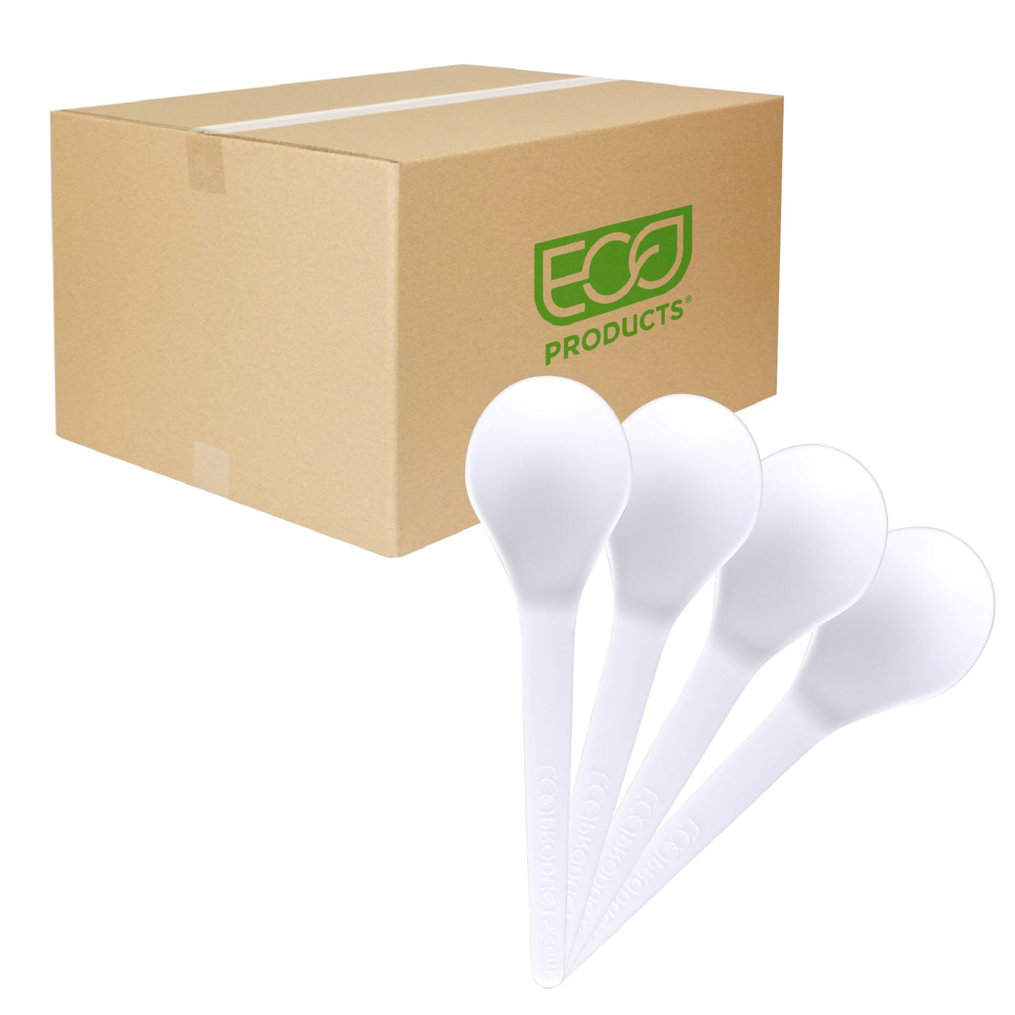 Eco-Products Compostable CPLA 6" Plastic Soup Spoons, Case of 1000, Disposable White Spoon, Plantware Cutlery, Renewable Material Made from Plants