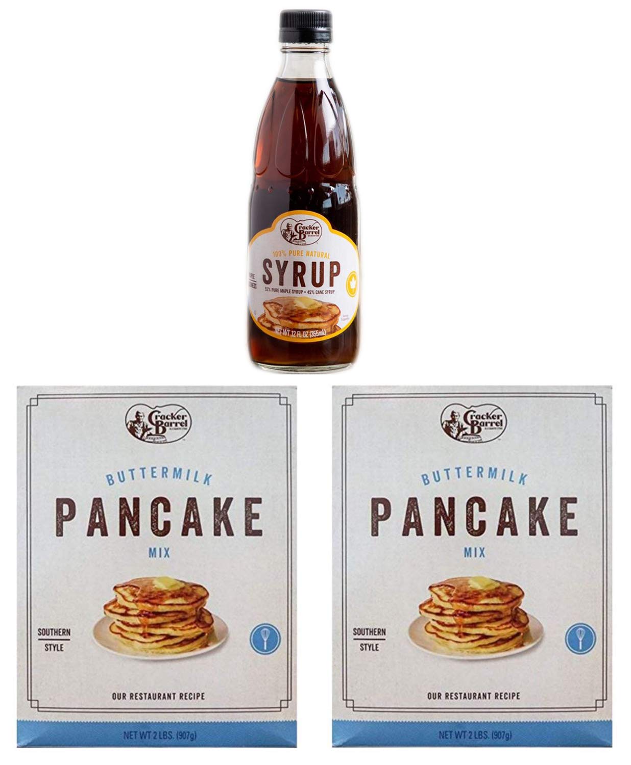 Cracker Barrel Pancake Mix Set! Includes Pancake Syrup and 2 Pancake Mix! Pure Natural Syrup & Buttermilk Pancake Mix! Delicious and Tasty Breakfast! Choose Your Set! (Pancake Mix & Syrup)