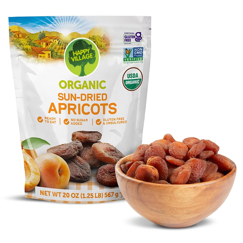 Happy Village Organic Turkish Sun-Dried Apricots, 20 OZ Resealable Bag, No Added Sugar Dried Fruit, USDA Organic, Non-GMO, Kosher, Vegan, Unsulfured