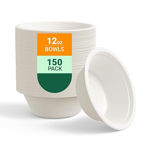 ECOLipak 150 Pack 12 oz Paper Bowls Disposable, Heavy-Duty Biodegradable Compostable Bowls Made of Natural Sugarcane Bagasse, Suitable for Salad