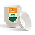 ECOLipak 150 Pack 12 oz Paper Bowls Disposable, Heavy-Duty Biodegradable Compostable Bowls Made of Natural Sugarcane Bagasse, Suitable for Salad