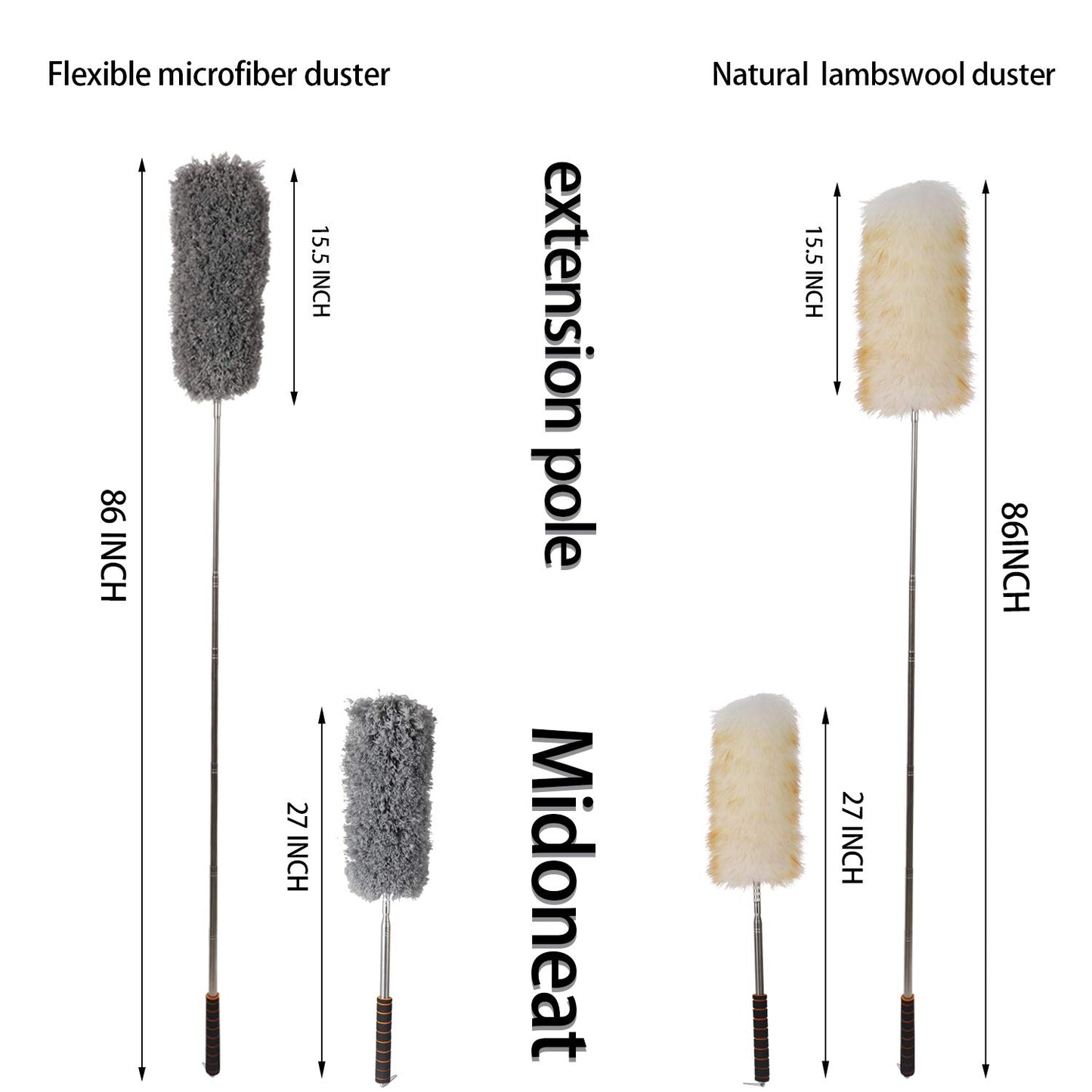 Midoneat Lambswool Duster with Extra Flexible Microfiber Head,Long Reach/Extendable Duster Up to 86" for Cleaning High Ceiling Fan, Interior Roof