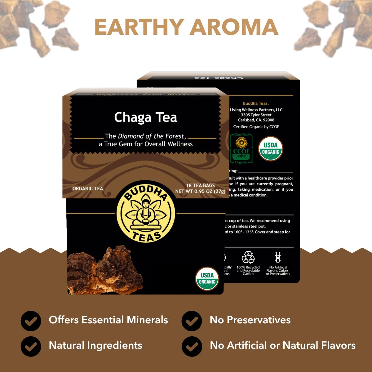 Buddha Teas - Chaga Tea - Organic Herbal Tea - For Cognitive Balance & Overall Health - With Chaga Mushroom, Antioxidants & B Vitamins - Caffeine Free