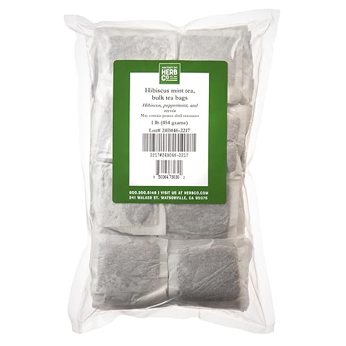 Hibiscus Mint Tea Bags, by Herb Co, Three-Ingredient Blend of Hibiscus, Peppermint & Stevia, Caffeine Free, Unbleached Filter Paper, Kosher