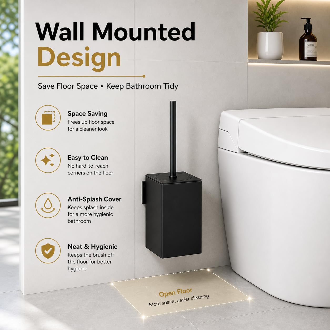 Toilet Brush Holder Black, Toilet Bowl Brush Holder Black Wall Mount Square for Bathroom