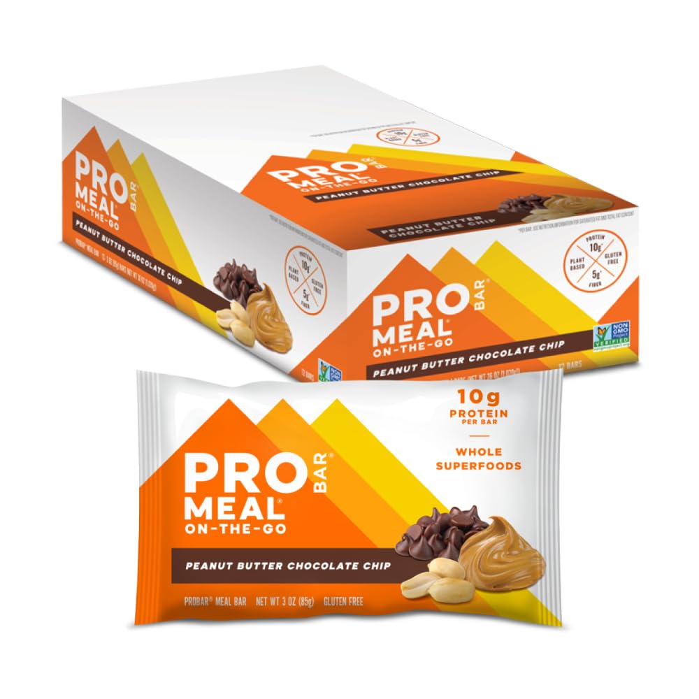 PROBAR - MEAL Bar, Peanut Butter Chocolate Chip, Non-GMO, Gluten-Free, Healthy, Plant-Based, Whole-Food Ingredients, Natural Energy (12 Count)