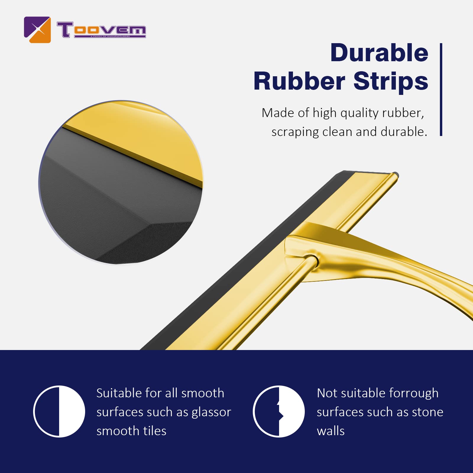 TOOVEM 12 Inch Shower Squeegee for Glass Doors, Window, Bathroom, Car Windshield, Shower Cleaning Tools with S Hook, Square Sticky Hook?Gold?