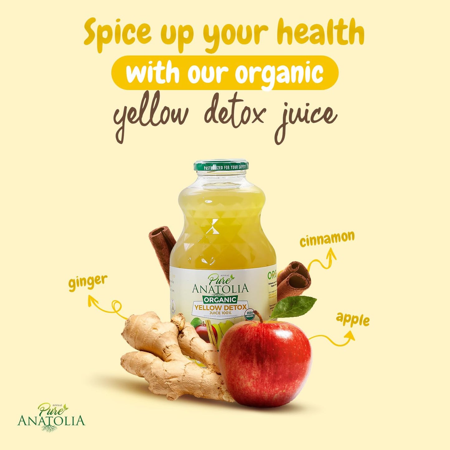 Pure Anatolia Organic Yellow Detox Juice 32 fl oz - Apple Juice Organic Blend with Ginger Liquid & Cinnamon - No Preservatives, Gluten Free