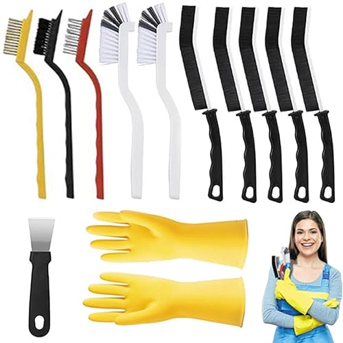 Crevice Cleaning Brush?12Pcs Multifunctional Hard Bristle Cleaning Tool with rubber gloves for Kitchen, Bathroom,Corner, Grout, Sink,toilet, Window
