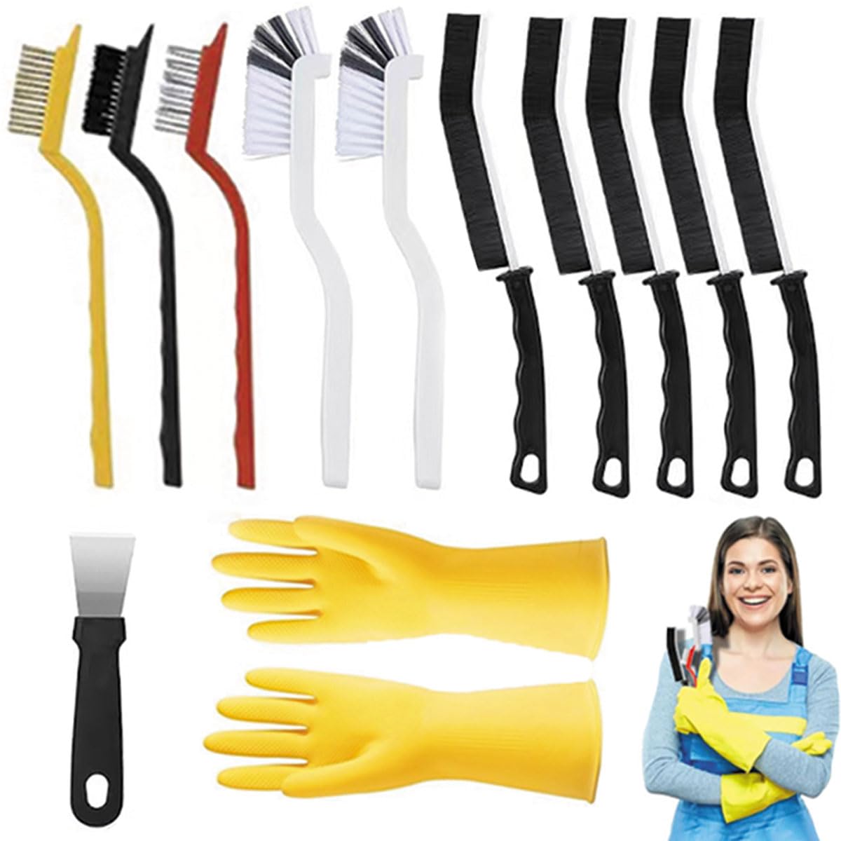 Crevice Cleaning Brush?12Pcs Multifunctional Hard Bristle Cleaning Tool with rubber gloves for Kitchen, Bathroom,Corner, Grout, Sink,toilet, Window