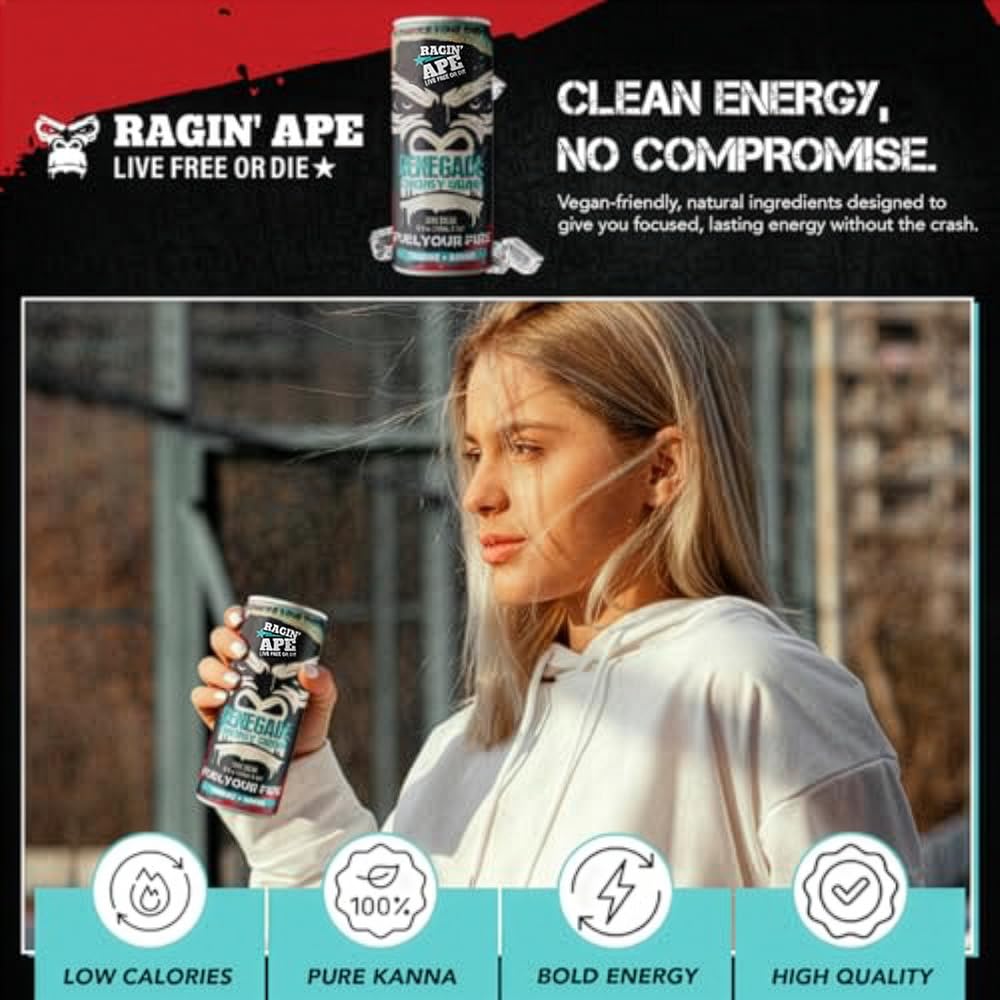 Ragin' Ape Renegade Energy Drink Multipack Vegan Friendly 12 oz Cans with Taurine Kanna and Caffeine Low Calorie Carbonated Beverage For Bold Clean