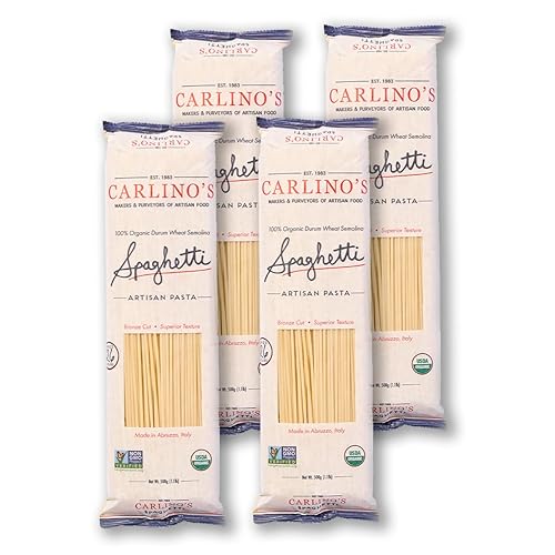 Carlino's Dried Spaghetti| Organic Durum Wheat Semolina | Bronze Die Cut | Air Dried | Non-GMO, USDA Organic, Made in Italy, 17.6 Oz (Pack of 4)