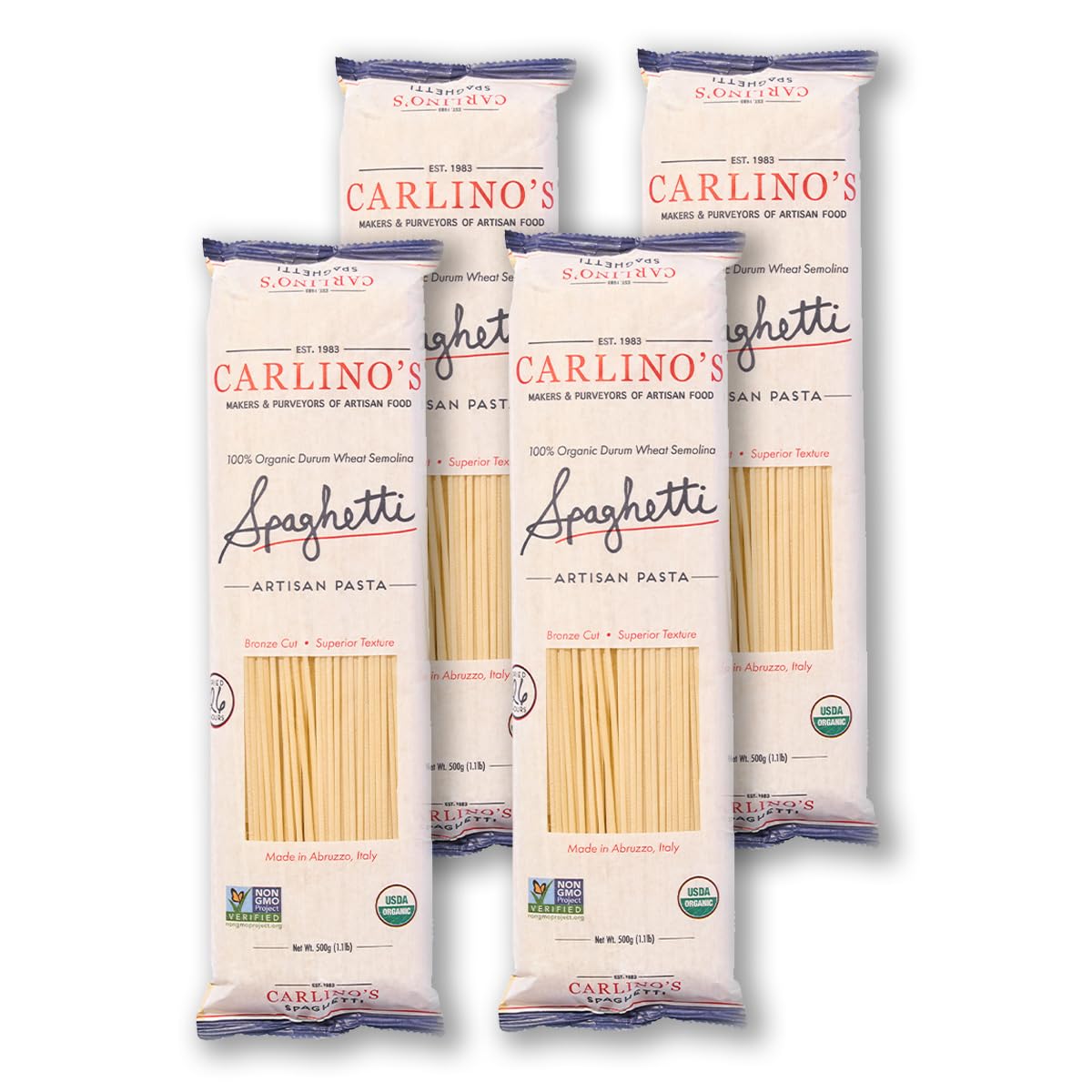 Carlino's Dried Spaghetti| Organic Durum Wheat Semolina | Bronze Die Cut | Air Dried | Non-GMO, USDA Organic, Made in Italy, 17.6 Oz (Pack of 4)