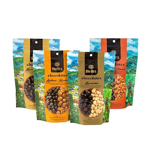 Cafe Britt® Chocolates - Dark Chocolate-covered Gourmet Nuts (4 Pack) (Almonds, Cashews, Macadamias, Hazelnuts) (5 oz each) Gourmet Dark Chocolate