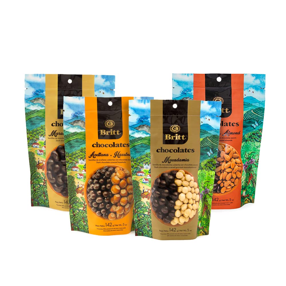 Cafe Britt® Chocolates - Dark Chocolate-covered Gourmet Nuts (4 Pack) (Almonds, Cashews, Macadamias, Hazelnuts) (5 oz each) Gourmet Dark Chocolate