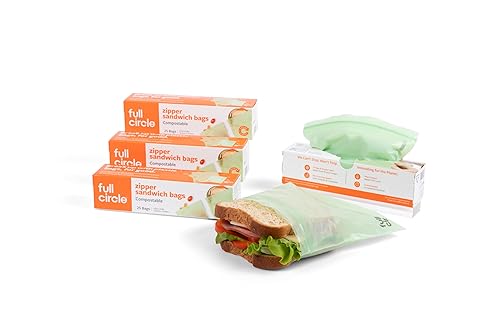 Full Circle Compostable Zipper Bags - Sandwich Size, 100ct, 4 Boxes of 25 - Plant-Based & Plastic-Free, No Microplastics, Leak-Resistant, Resealable