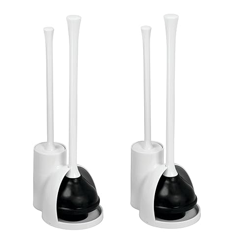 iDesign Compact Plunger Set for Bathroom Cleaning and Storage-Set of 2-White Toilet Brush