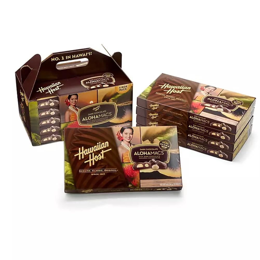 Hawaiian Host AlohaMacs Dark Chocolate Macadamia Nuts - Premium Hawaiian Easter & Mother's Day Gift - 5 Box Tote (25oz Total)