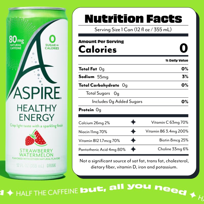 ASPIRE® Strawberry Watermelon, Healthy Energy Drink 80mg Natural Caffeine, Zero Sugar No Carbs Keto Friendly, 24 Pack Green Tea Sugar Free Drink Low