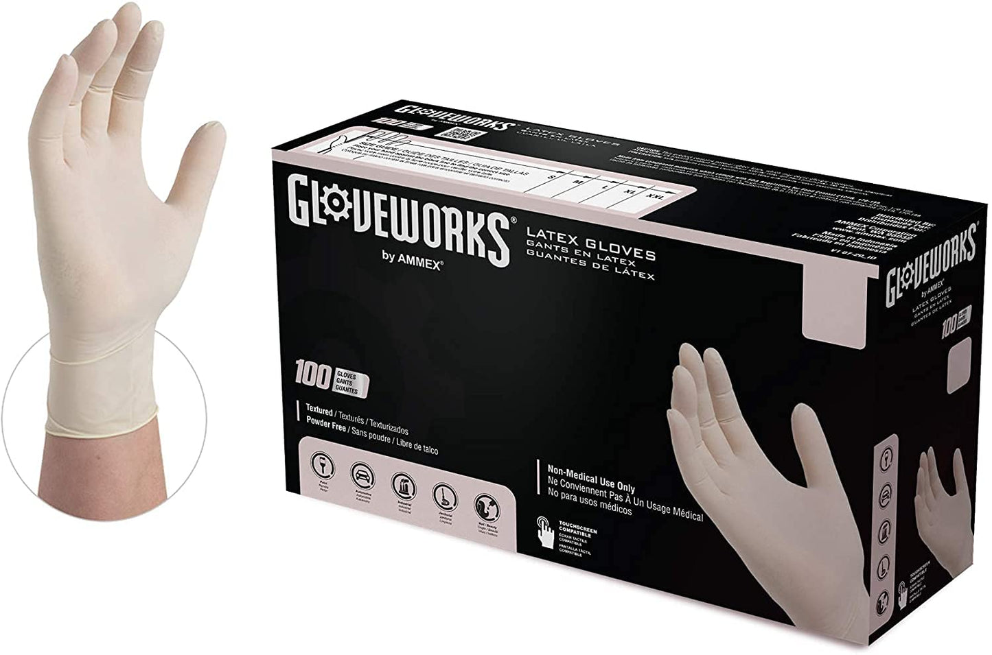 GLOVEWORKS Industrial Ivory Latex Gloves, Box of 100, 4 Mil, Size Large, Powder Free, Textured, Disposable, TLF46100-BX