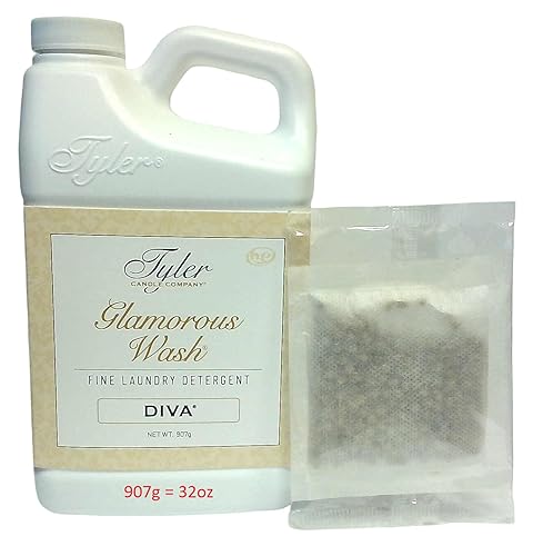 Tyler Candle Company Wash Laundry Detergent, Diva, Liquid, 32 Fl Oz HE Safe w/Dryer Sachet Pouch fh