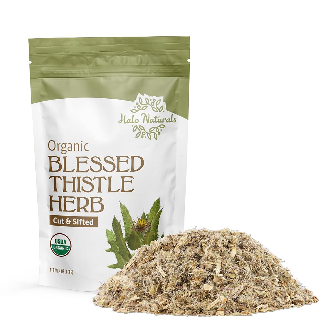 Halo Naturals Organic Blessed Thistle Herb Cut & Sifted, 4 Ounces (Cnicus benedictus) USDA Certified | Resealable Pouch| Packaged in The USA
