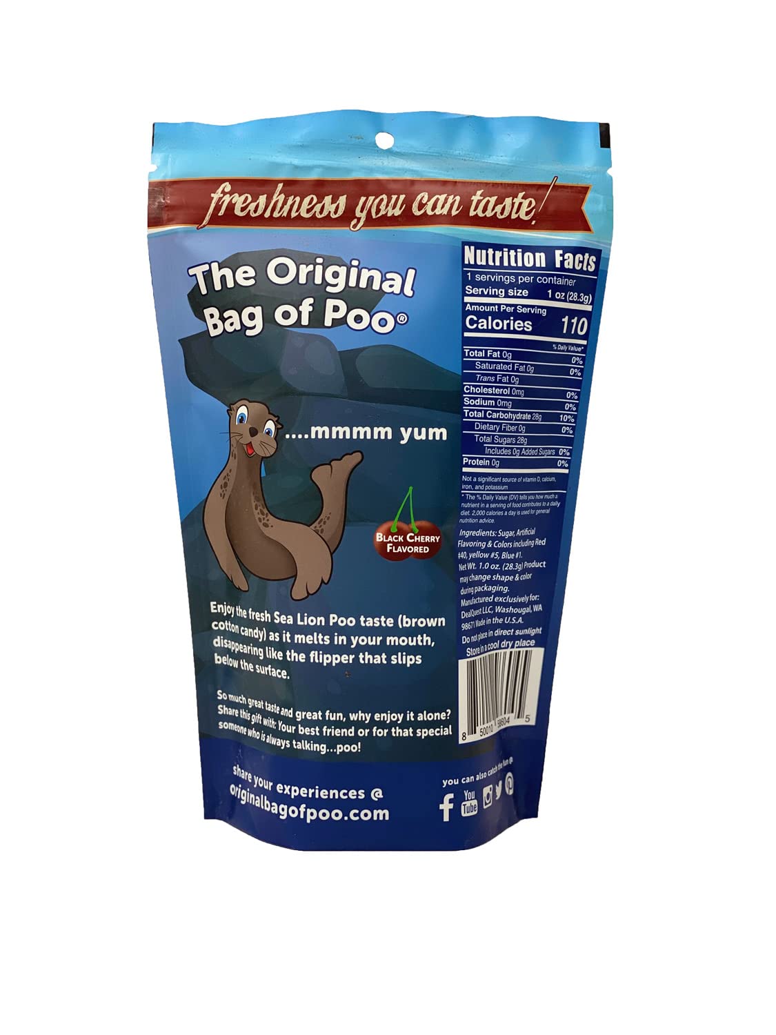 The Original Bag of Poo®, Sea Lion Poo (Black Cherry Flavor Cotton Candy) Novelty Poop Gag Gift. Free sticker inside.