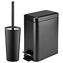mDesign Metal Freestanding Slim Toilet Bowl Brush and Holder + Rectangle Narrow 5 Liter / 1.3 Gallon Step Pedal Trash Can Wastebasket for Bathroom