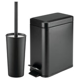 mDesign Metal Freestanding Slim Toilet Bowl Brush and Holder + Rectangle Narrow 5 Liter / 1.3 Gallon Step Pedal Trash Can Wastebasket for Bathroom