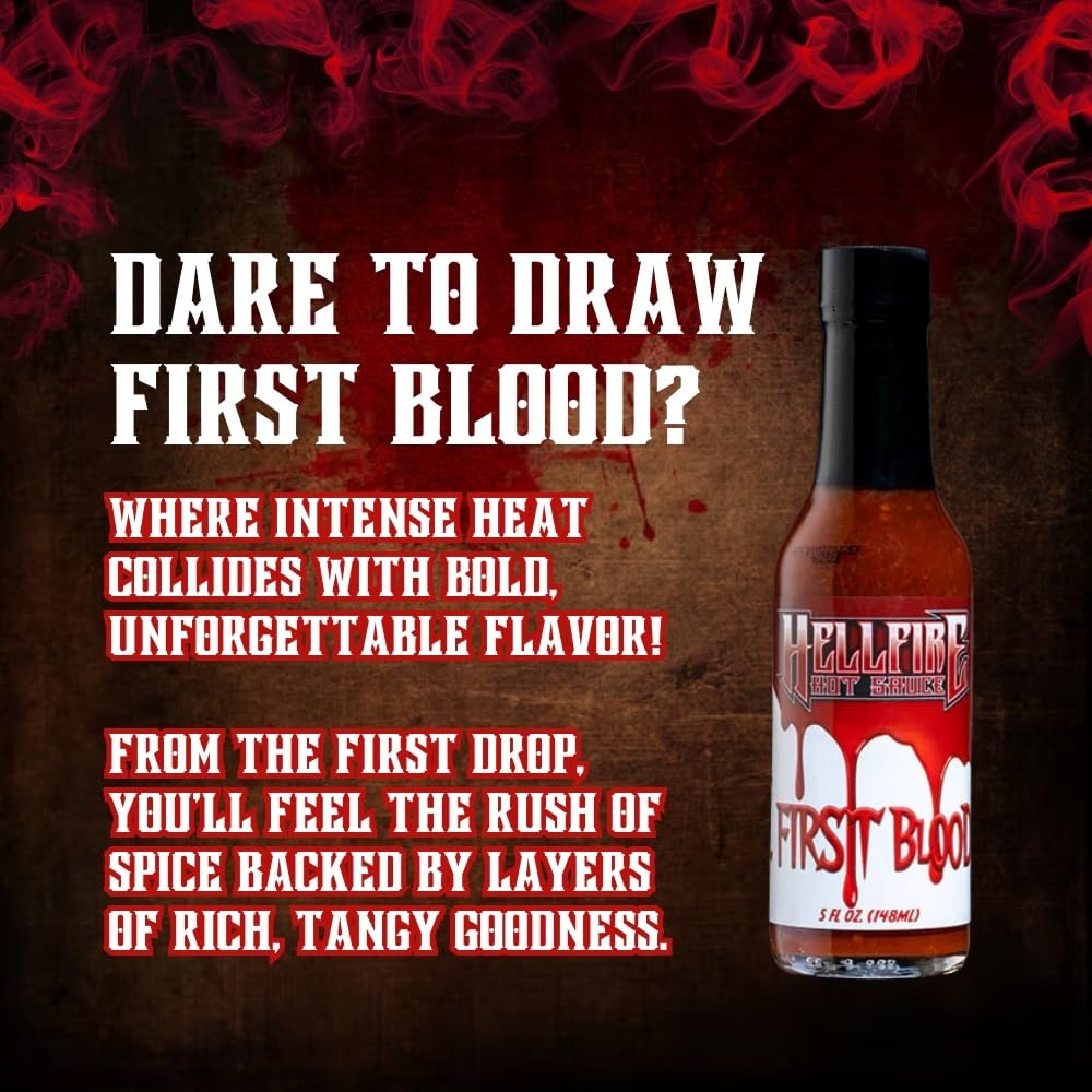 Hellfire Hot Sauce First Blood - Natural Gourmet Hot Sauce with Vegan Four Pepper Blend, 5 oz.